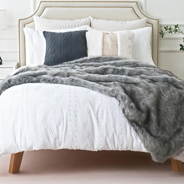 Grey Hotel-Style Faux Fur Throw Blanket front view