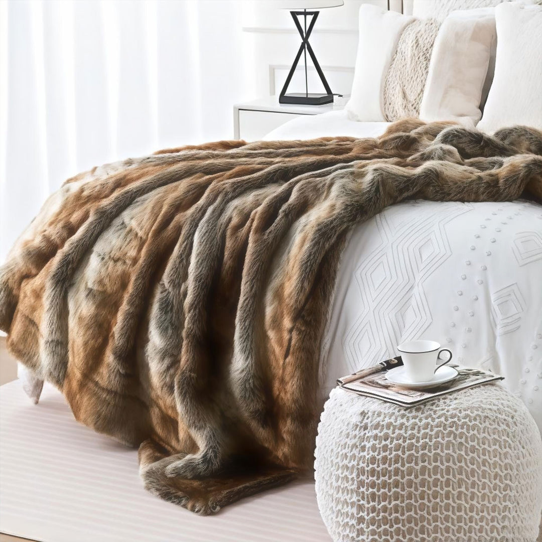 Rustic Brown Hotel-Style Faux Fur Throw Blanket front view