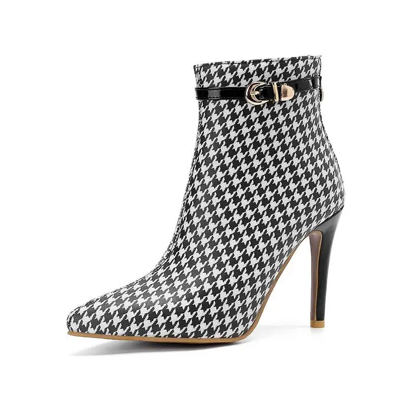Houndstooth Stiletto Ankle Boots side zip detail