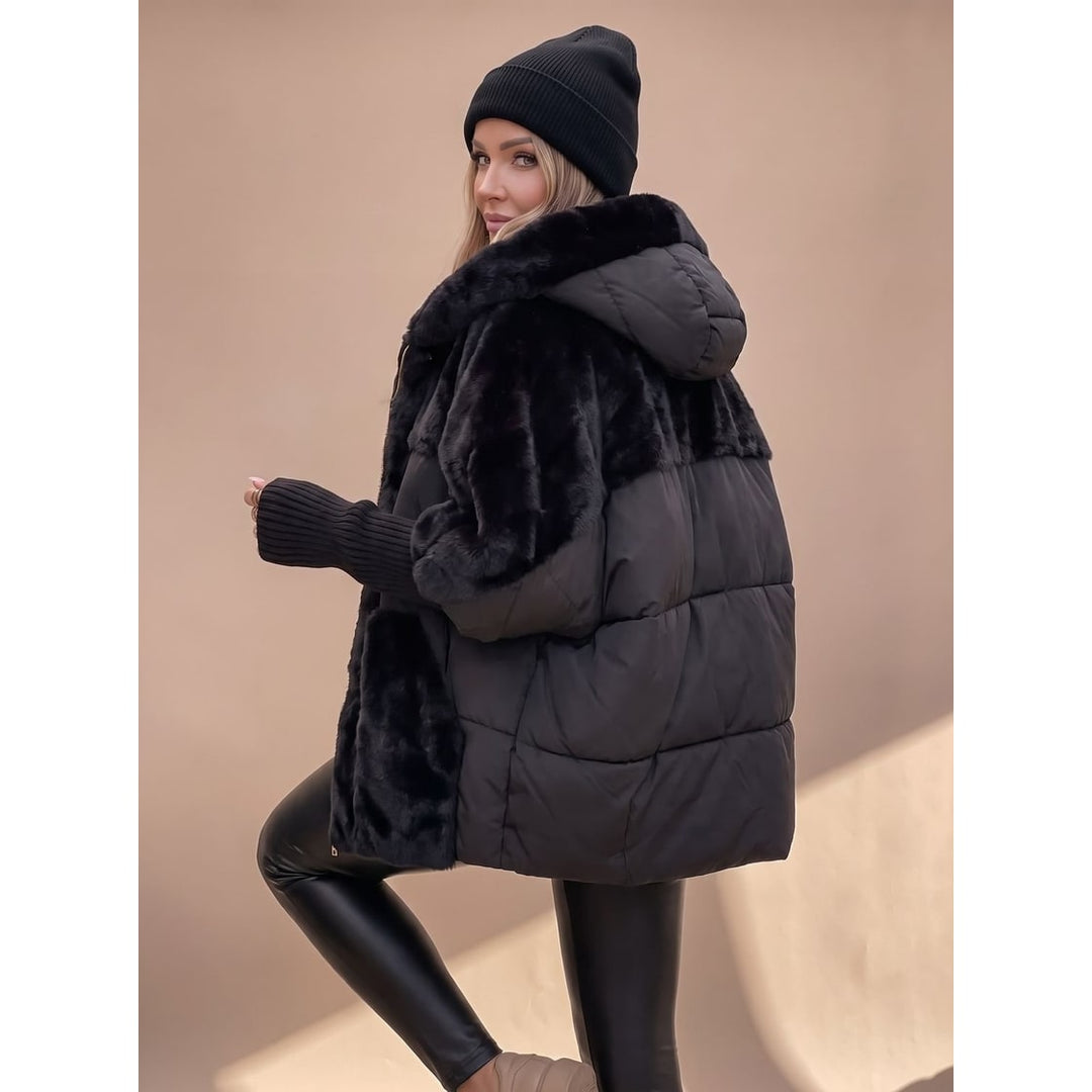 Black Hybrid Faux-Fur Puffer Coat worn front view
