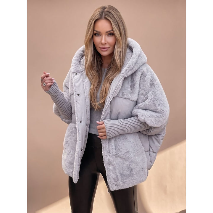 Gray Hybrid Faux-Fur Puffer Coat worn front view