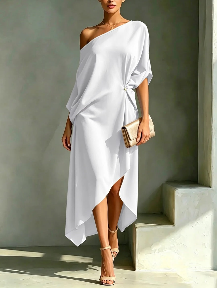 White Lightweight Draped Dress front view