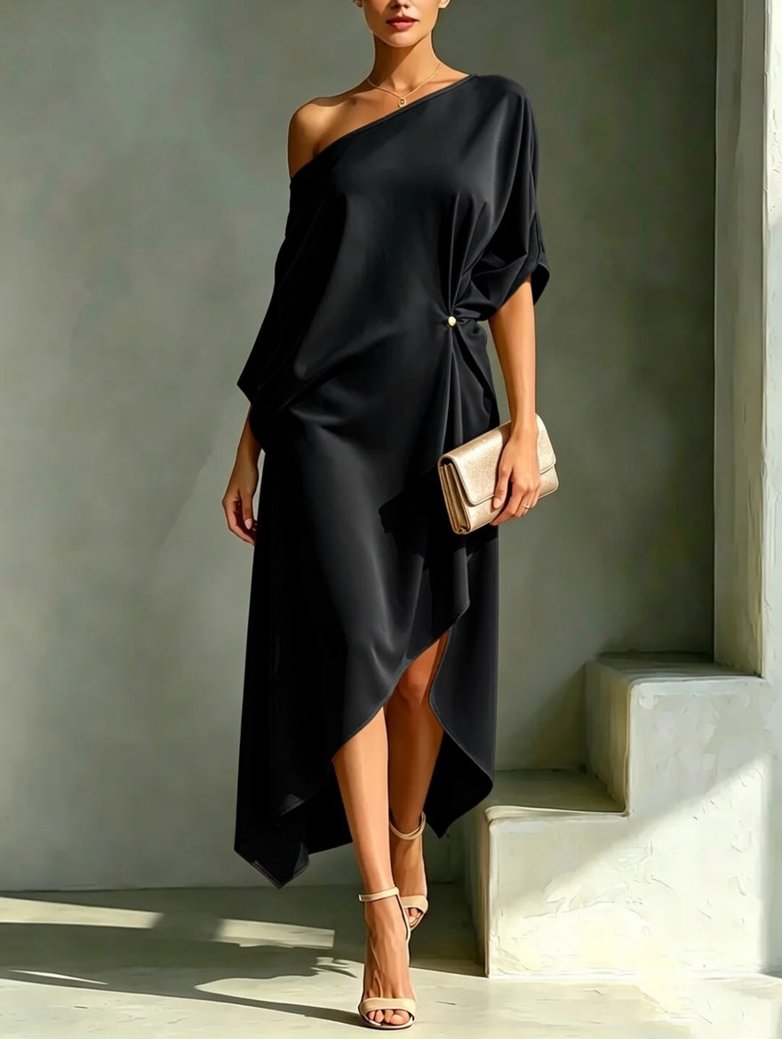 Black Lightweight Draped Dress front view