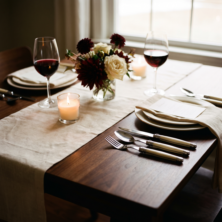 Ivory Handle Stainless Silverware Set full set on an elegant dinner table for two