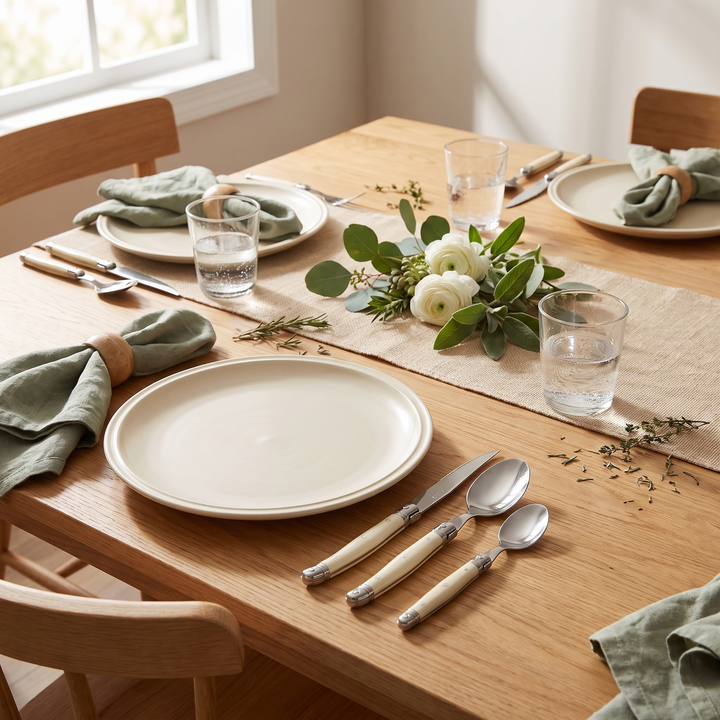 Ivory Handle Stainless Silverware Set place setting at a set dinner table