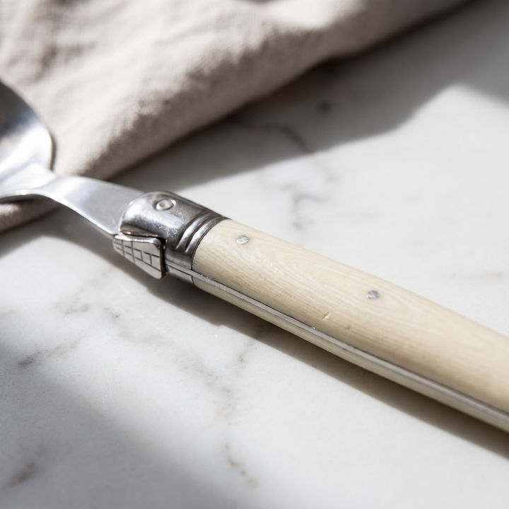 Ivory Handle Stainless Silverware Set handle texture macro detail on marble