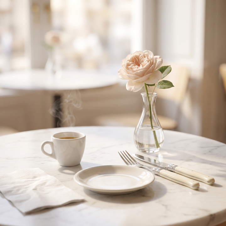 Ivory Handle Stainless Silverware Set place setting at a sunlit cafe table