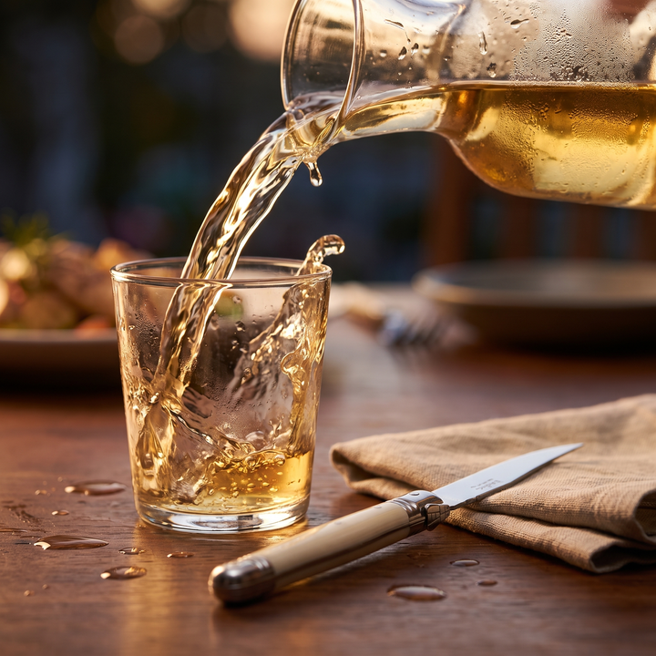 Ivory Handle Stainless Silverware Set beside a glass being poured at the table