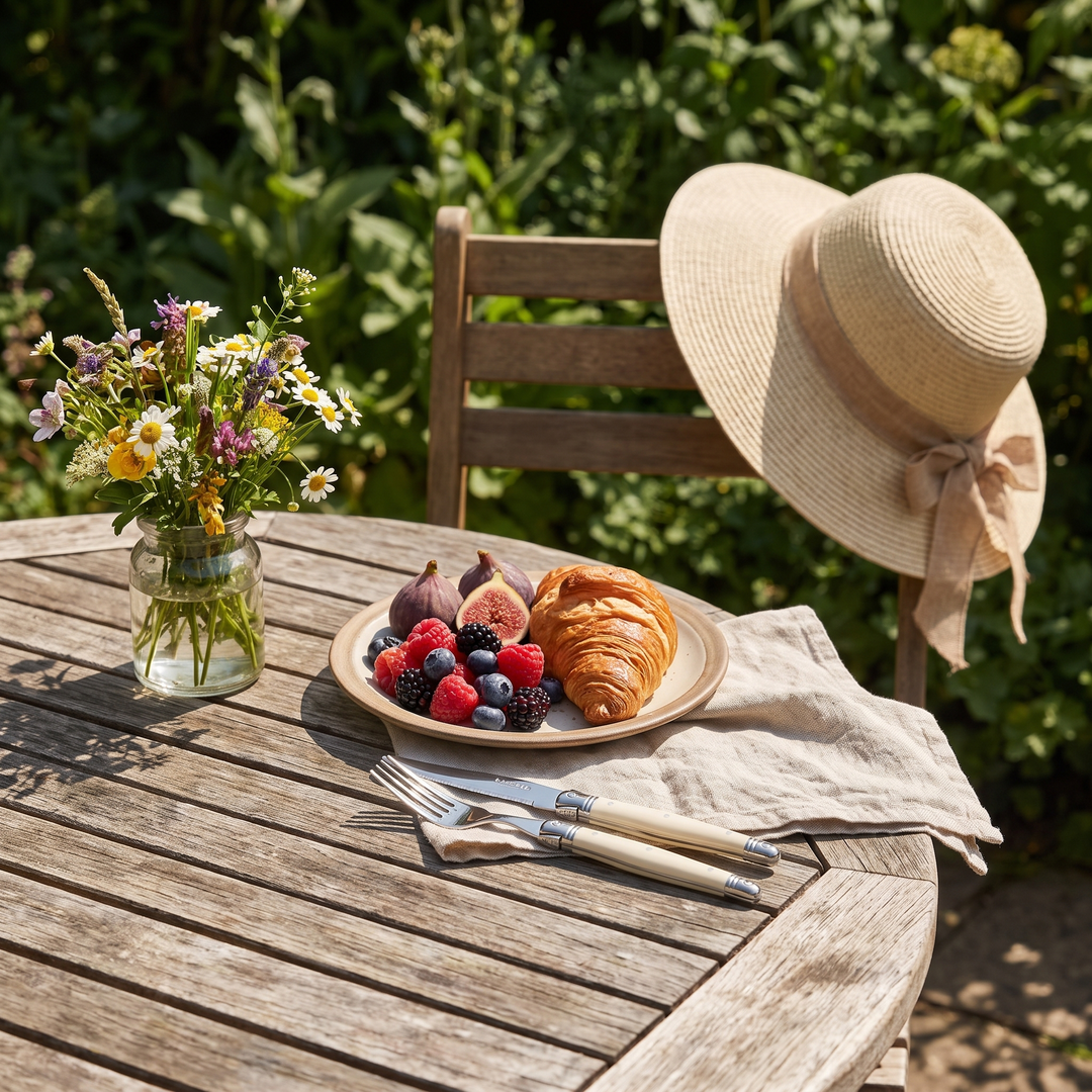 Ivory Handle Stainless Silverware Set on a sunlit garden brunch table