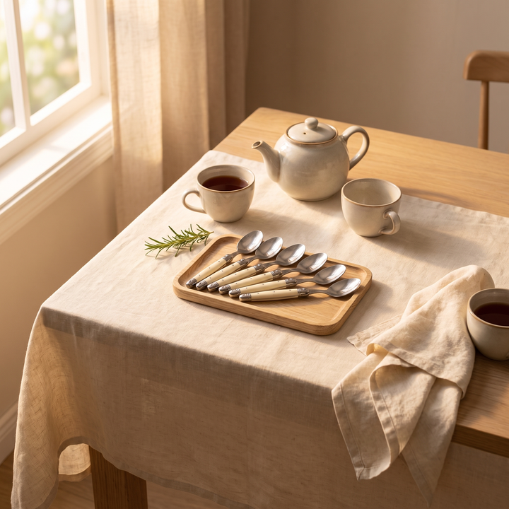 Ivory Handle Stainless Silverware Set 6-piece teaspoon set on a breakfast tray
