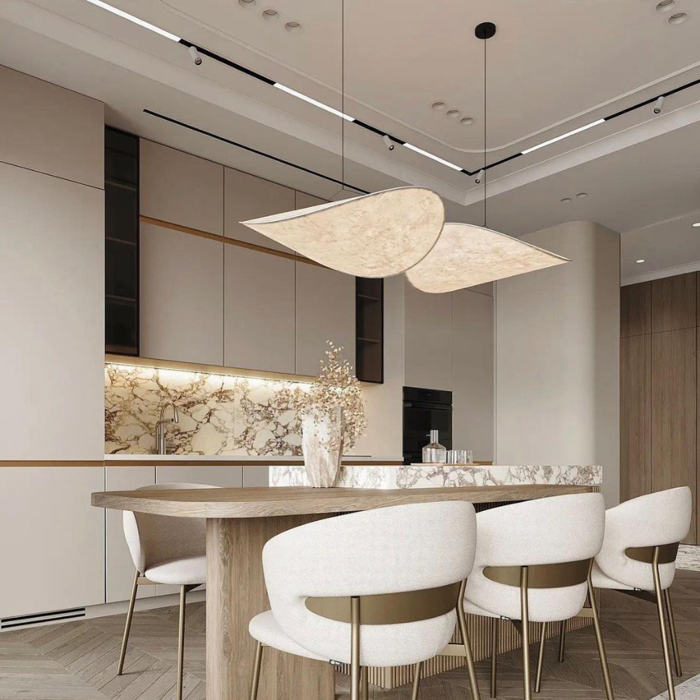 Japandi Silk Pendant Light in living room setting