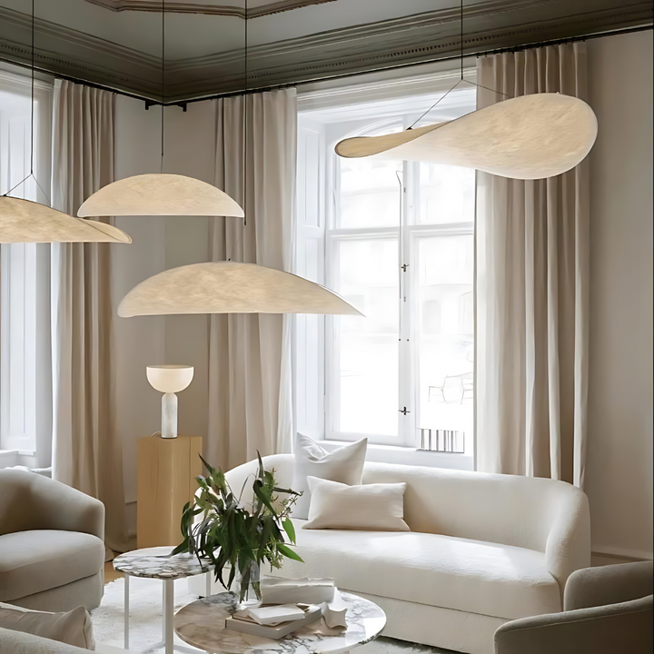 Japandi Silk Pendant Light lit ambiance