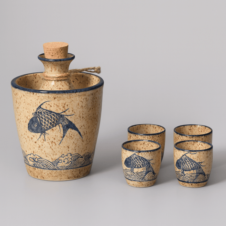 Japanese-Style Koi Sake Set, 6-piece set front view