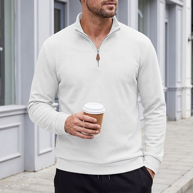 Diagonal Rib Quarter-Zip Sweater with Stand Collar