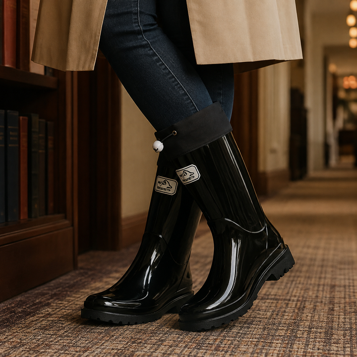 Black Knee-High Rubber Rain Boots front view