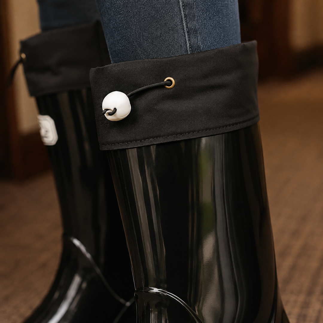 Knee-High Rubber Rain Boots drawstring cuff detail