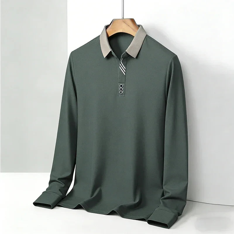 Green Knit Long-Sleeve Polo front view on hanger