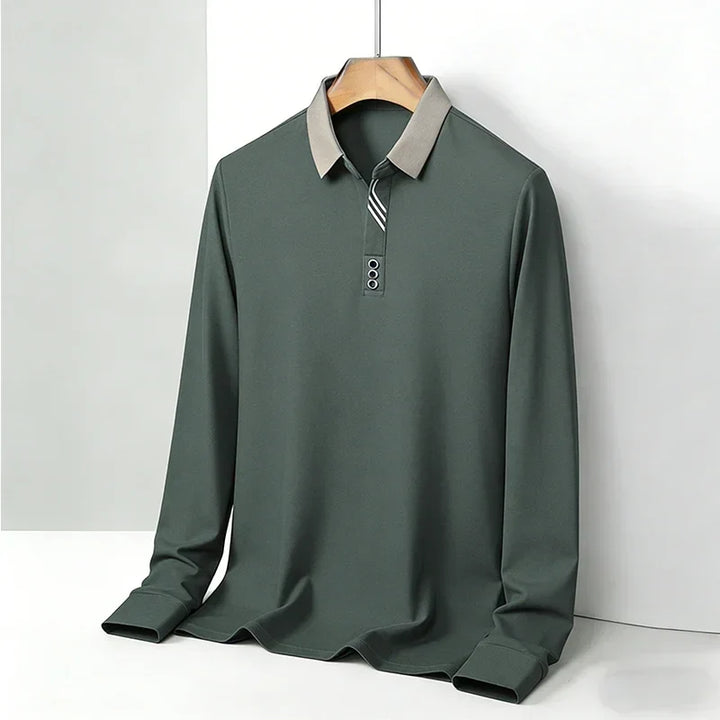 Green Knit Long-Sleeve Polo front view on hanger