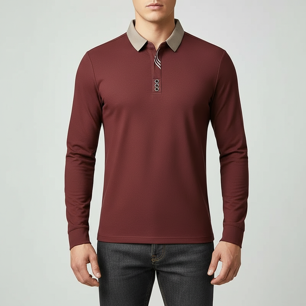 Red Knit Long-Sleeve Polo worn front view