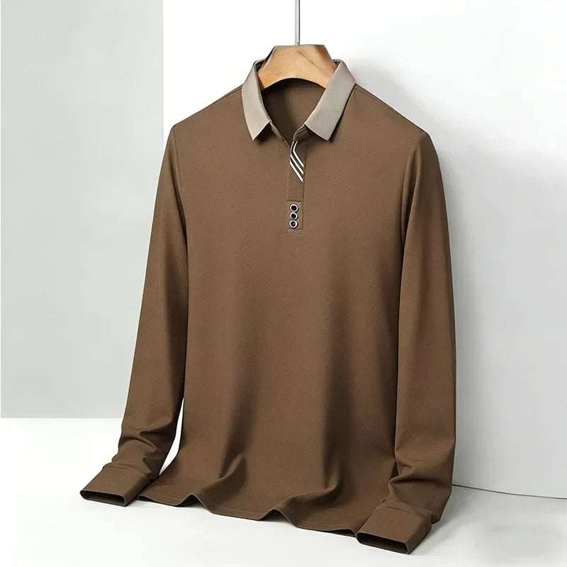 Brown Knit Long-Sleeve Polo front view on hanger