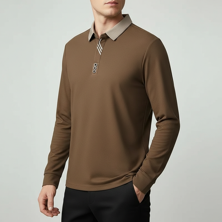Brown Knit Long-Sleeve Polo worn front view