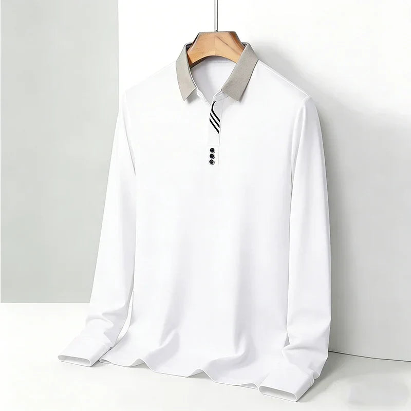 White Knit Long-Sleeve Polo front view on hanger