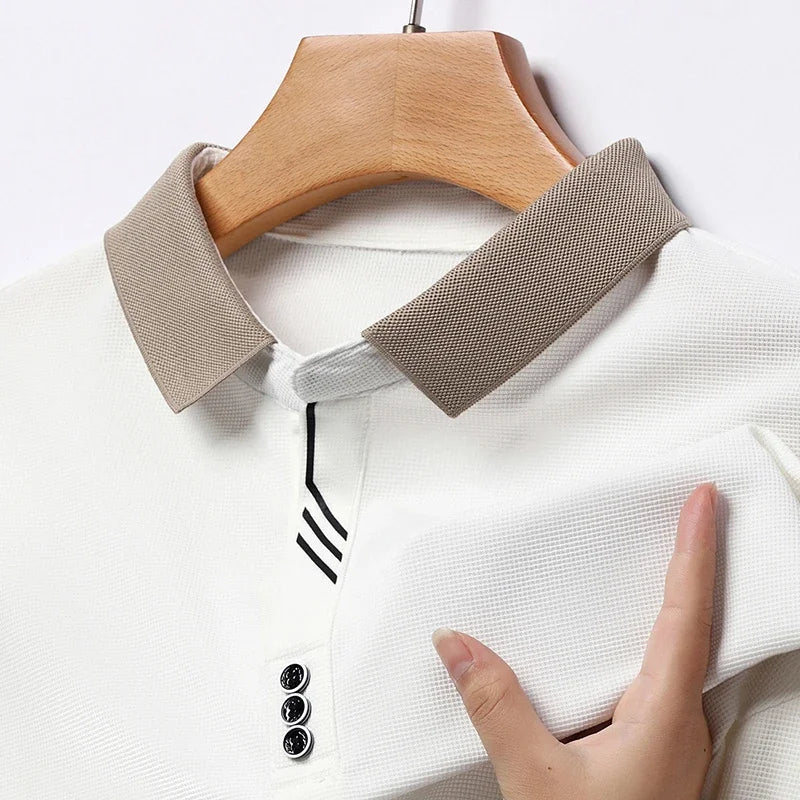 White Knit Long-Sleeve Polo collar detail