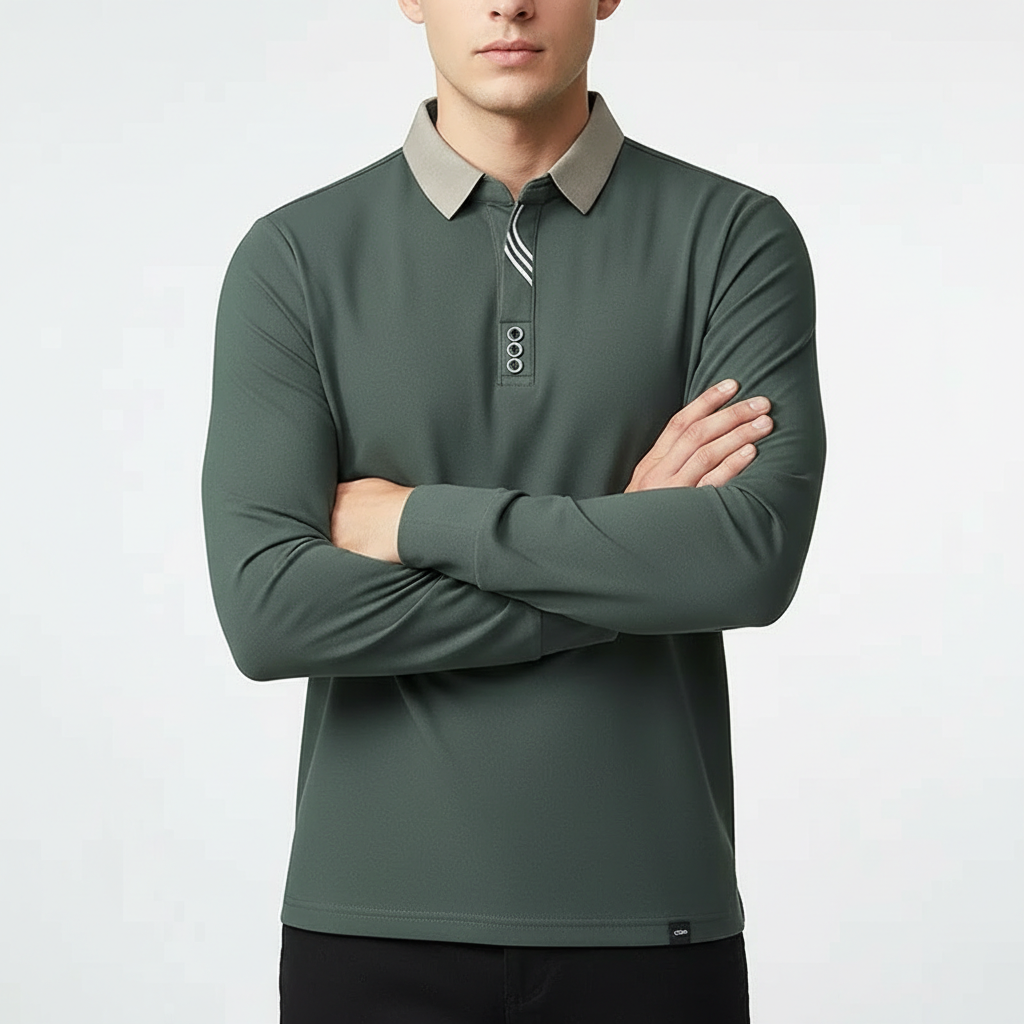 Green Knit Long-Sleeve Polo worn front view