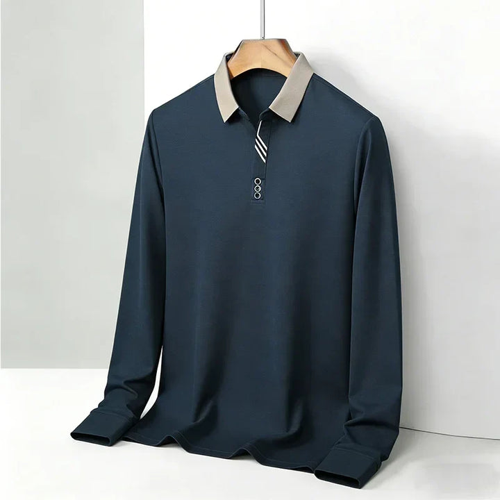 Navy Knit Long-Sleeve Polo front view on hanger