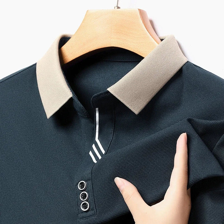 Navy Knit Long-Sleeve Polo collar detail