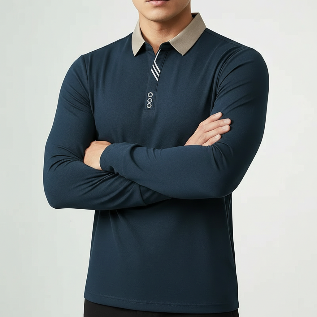Navy Knit Long-Sleeve Polo worn front view
