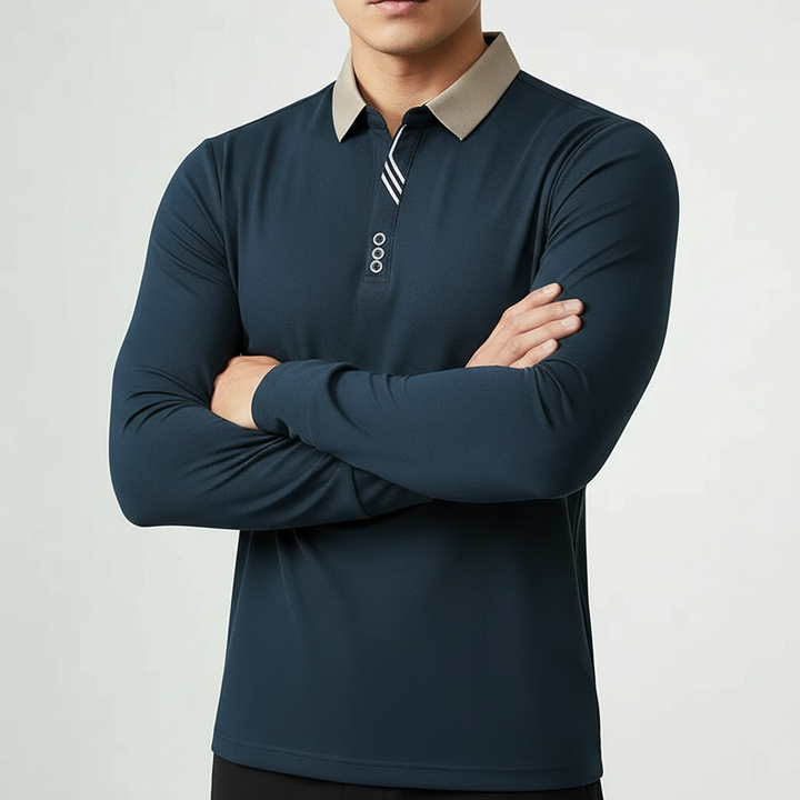 Navy Knit Long-Sleeve Polo worn front view