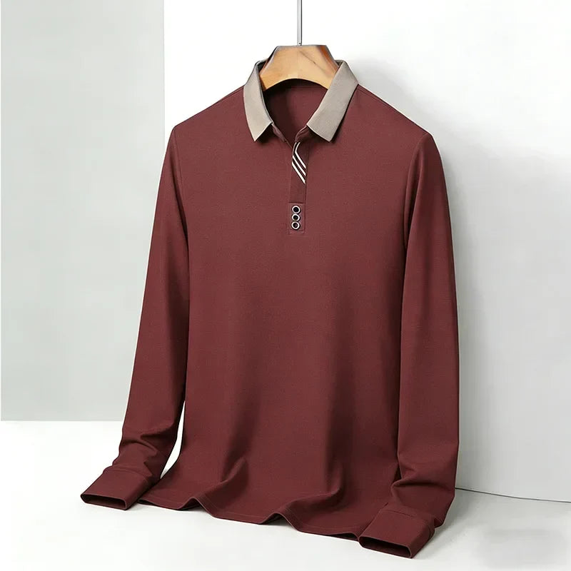 Red Knit Long-Sleeve Polo front view on hanger