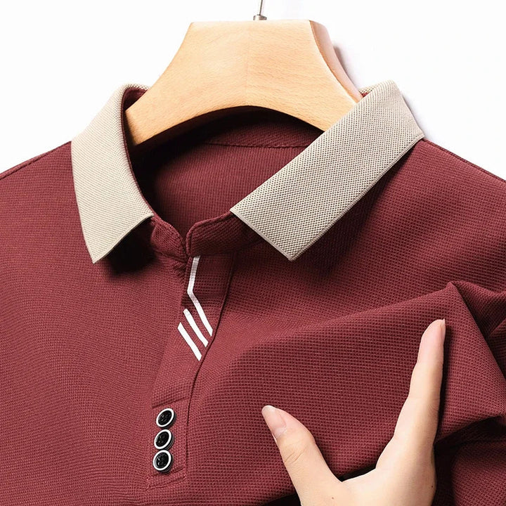Red Knit Long-Sleeve Polo collar detail
