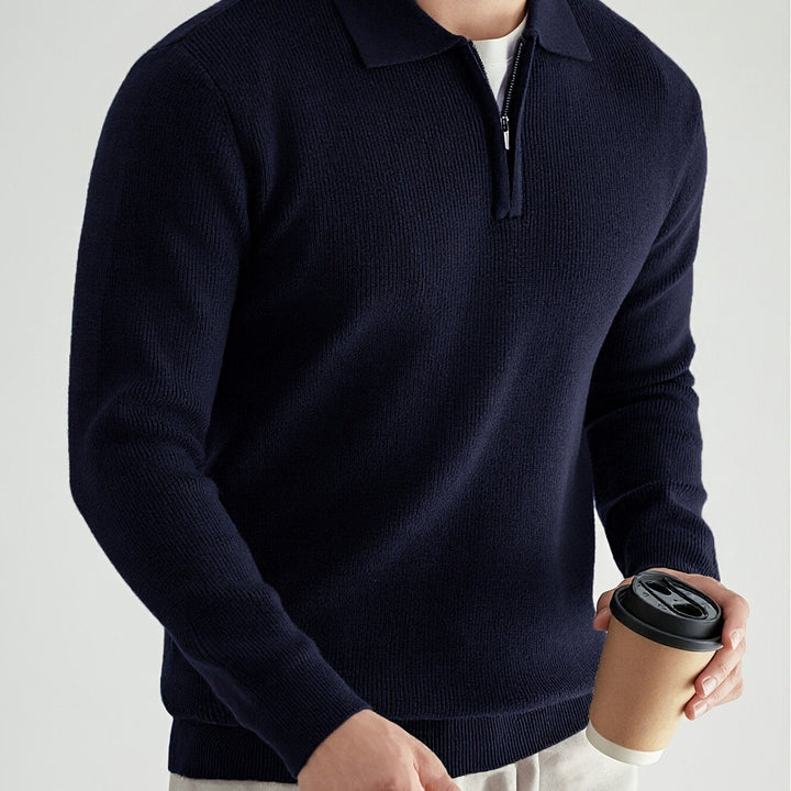 Navy Blue Knit Polo Sweater front view