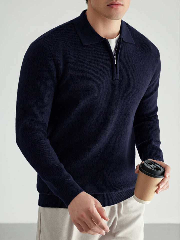 Navy Blue Knit Polo Sweater front view