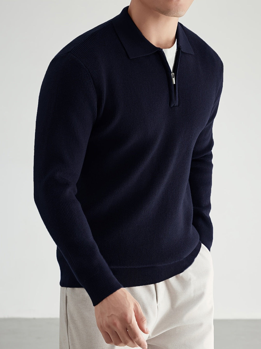 Navy Blue Knit Polo Sweater side view