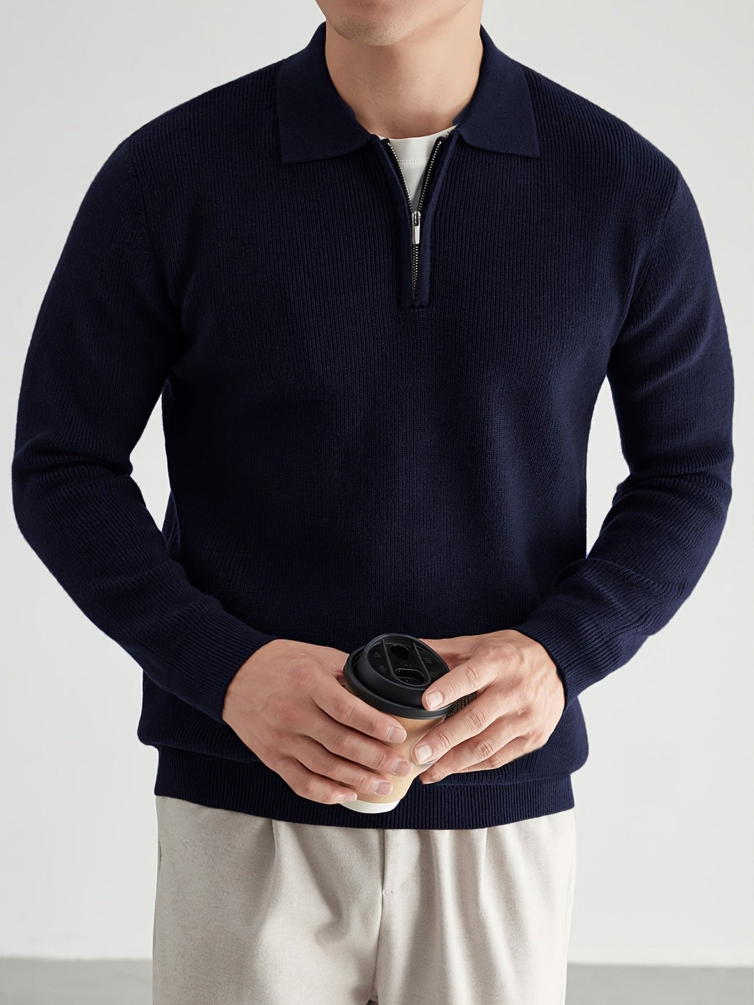 Navy Blue Knit Polo Sweater front view