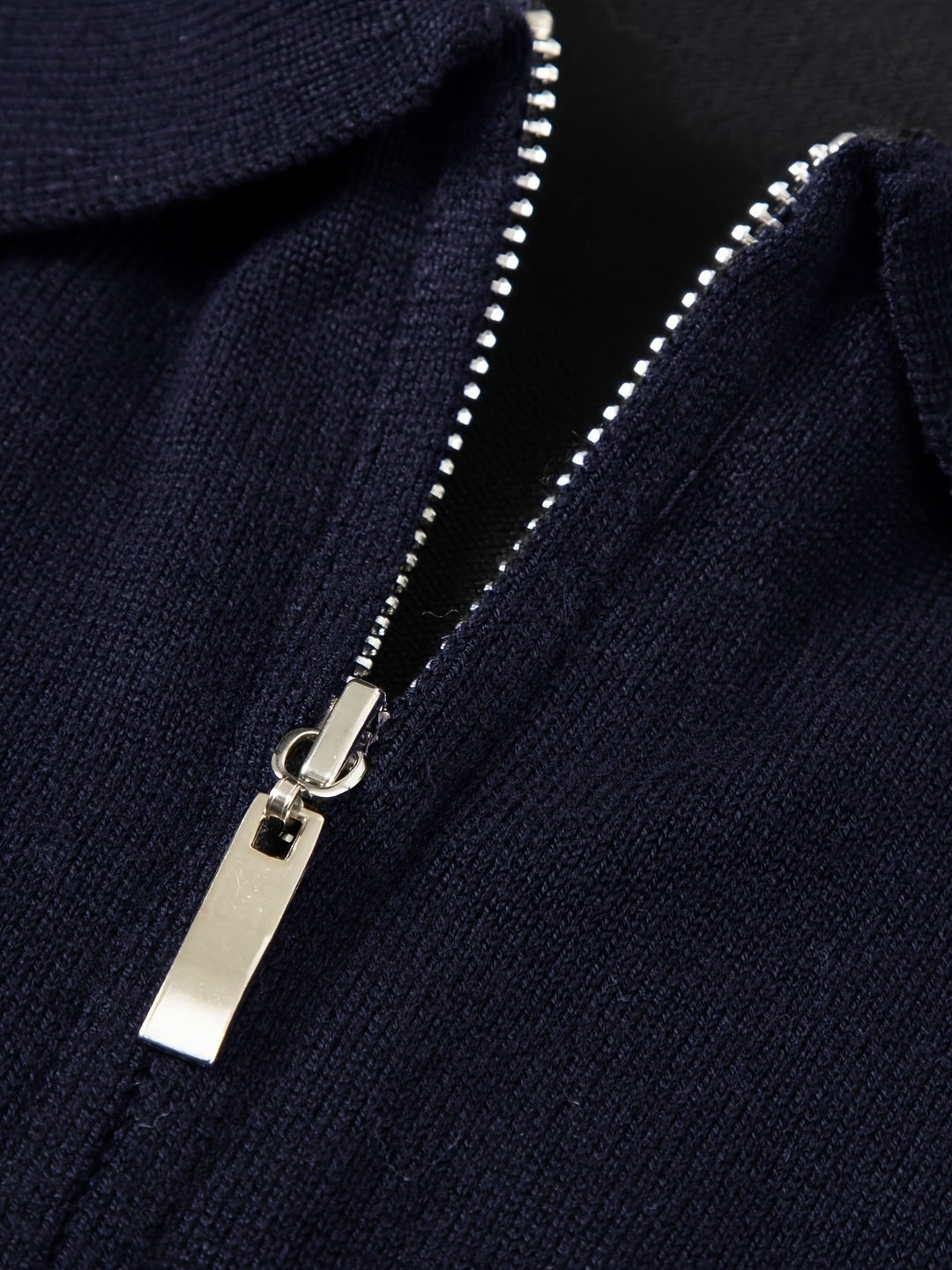 Navy Blue Knit Polo Sweater zip detail