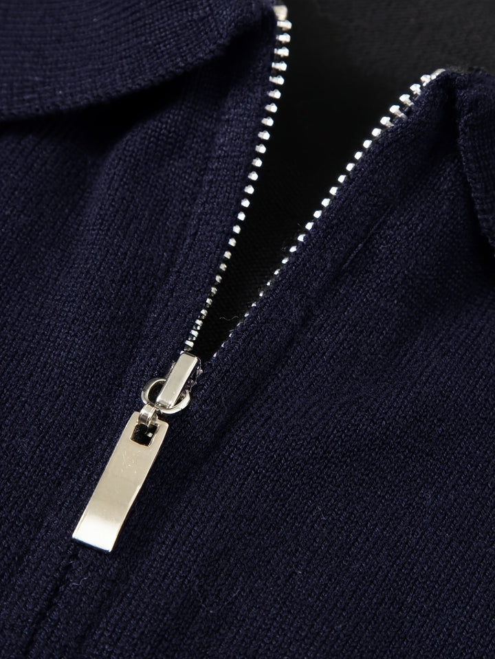 Navy Blue Knit Polo Sweater zip detail