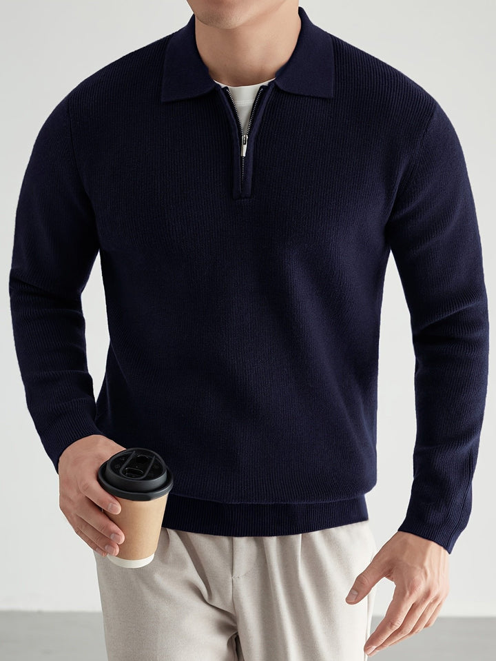 Navy Blue Knit Polo Sweater front view