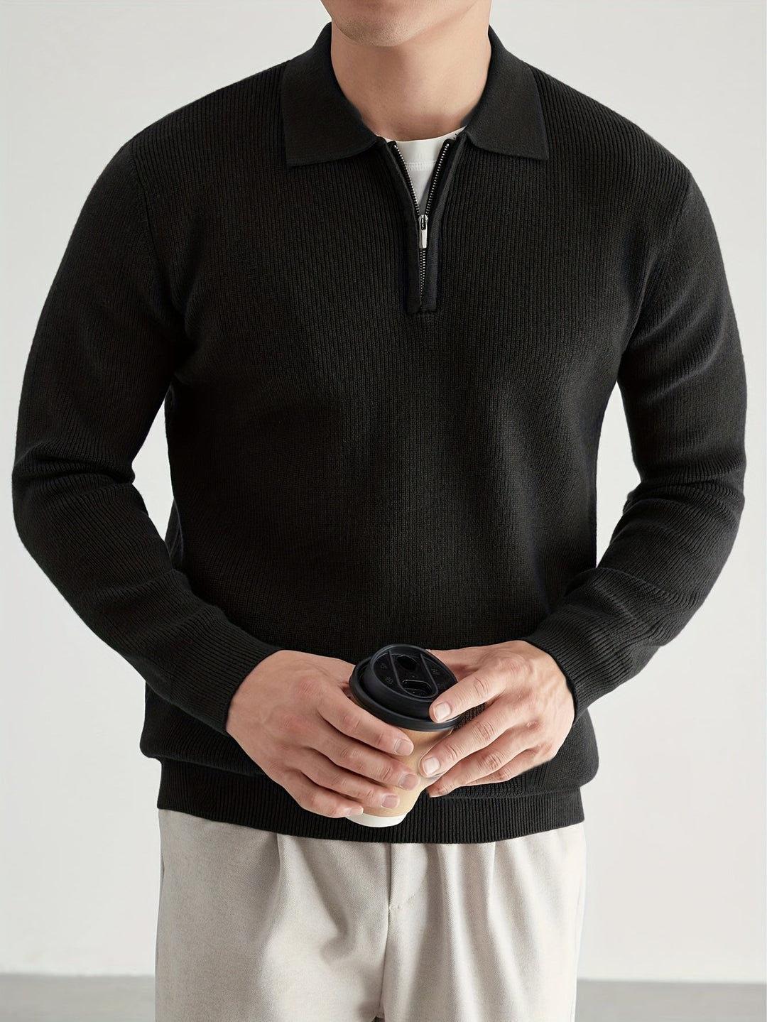 Black Knit Polo Sweater front view