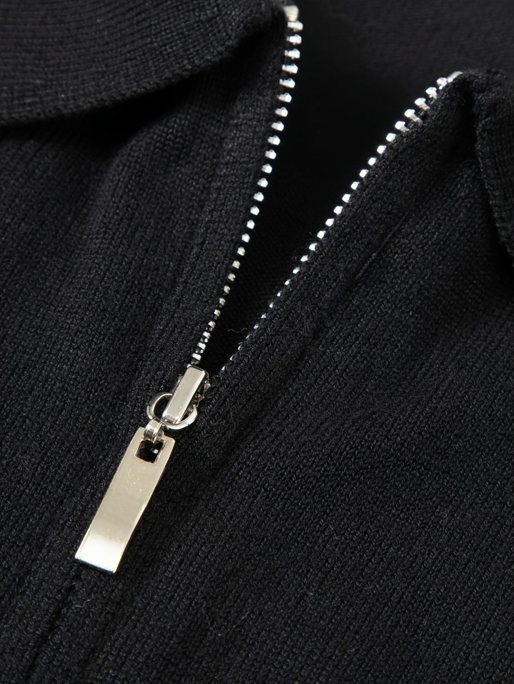 Black Knit Polo Sweater zip detail