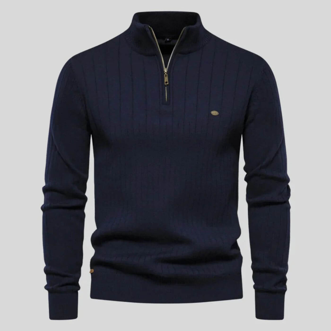 Navy Blue Knit Stand-Collar Quarter Zip Sweater front view