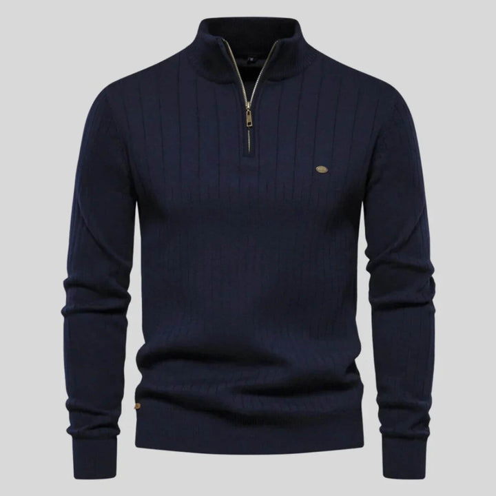 Navy Blue Knit Stand-Collar Quarter Zip Sweater front view