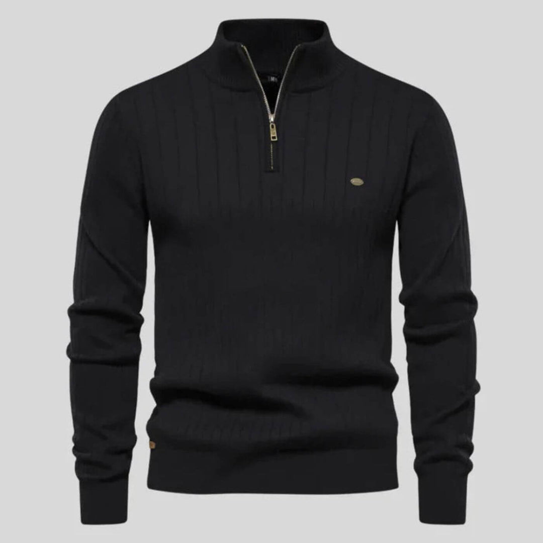 Black Knit Stand-Collar Quarter Zip Sweater front view