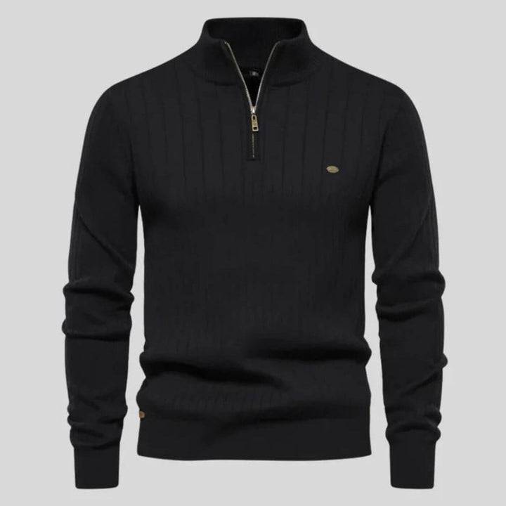 Black Knit Stand-Collar Quarter Zip Sweater front view