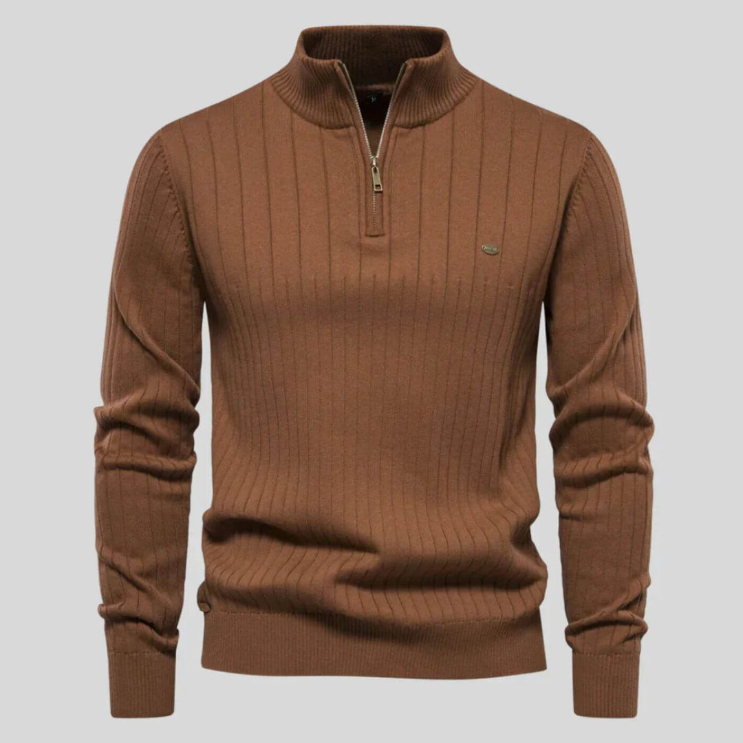 Brown Knit Stand-Collar Quarter Zip Sweater front view