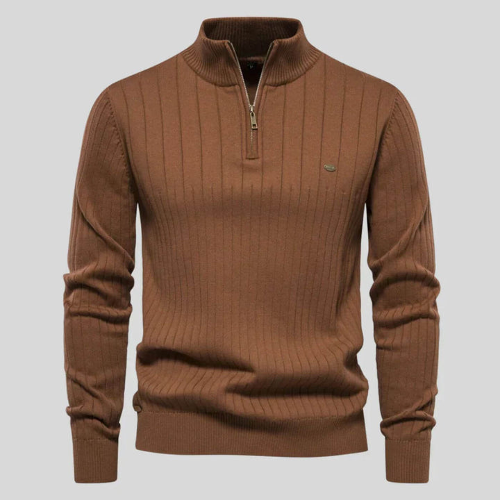 Brown Knit Stand-Collar Quarter Zip Sweater front view