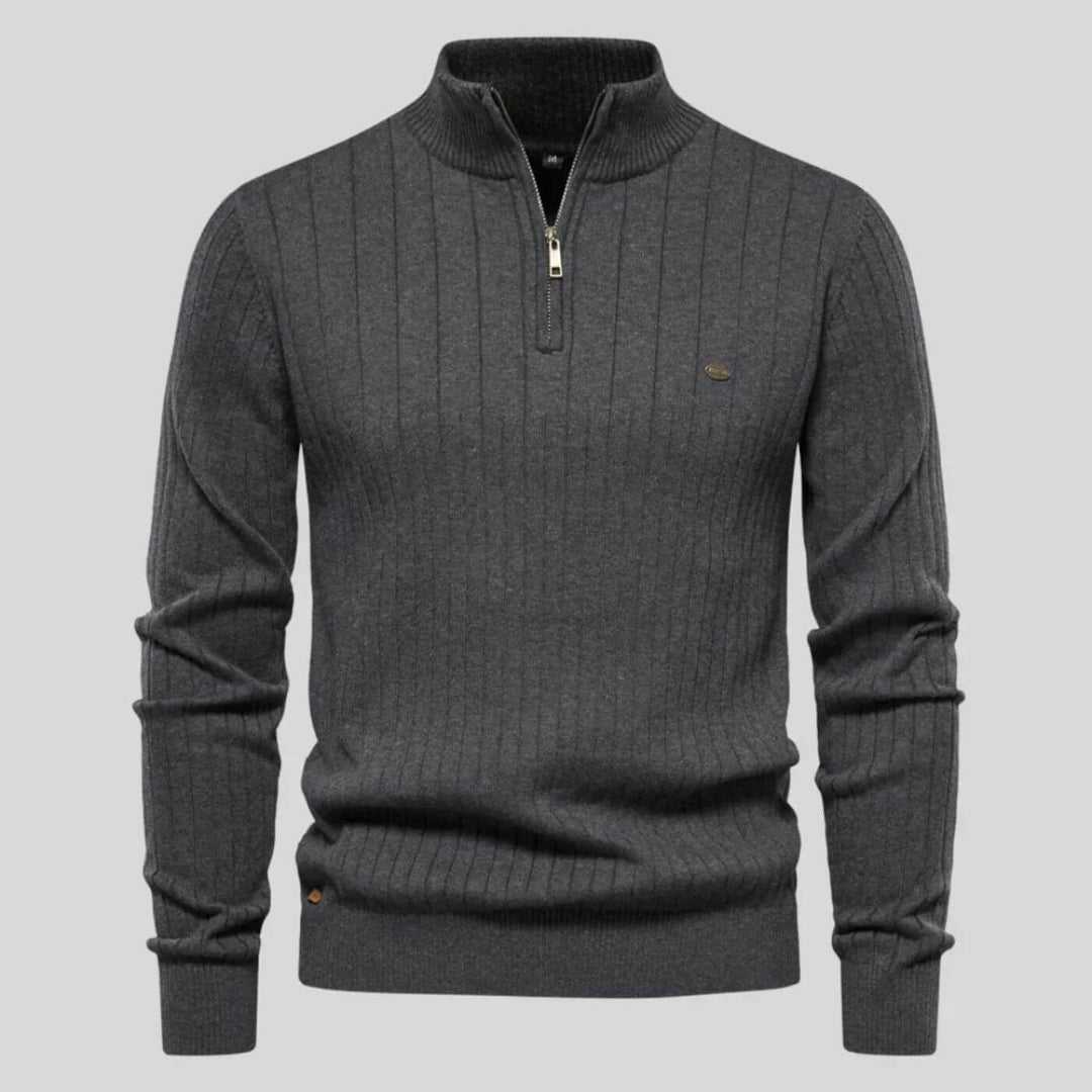 Gray Knit Stand-Collar Quarter Zip Sweater front view
